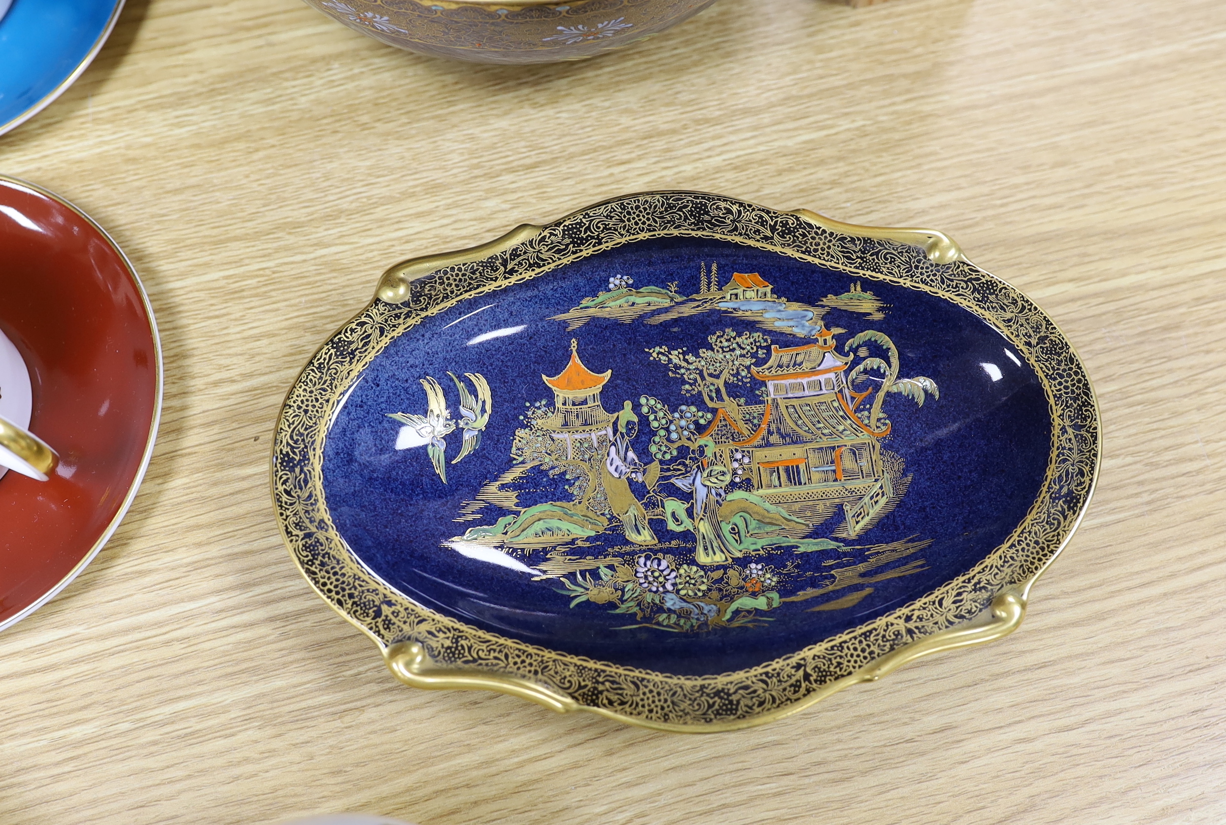 A Carlton ware powder blue jardiniere, similar bowl and oval dish with Oriental design together with a Susie Cooper part tea and coffee set, largest 19cm high